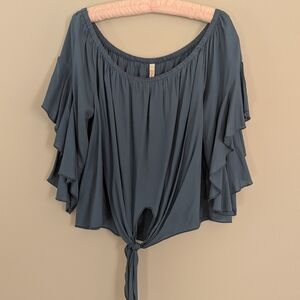 Elan Blue Ruffled 3/4 Sleeve Blouse